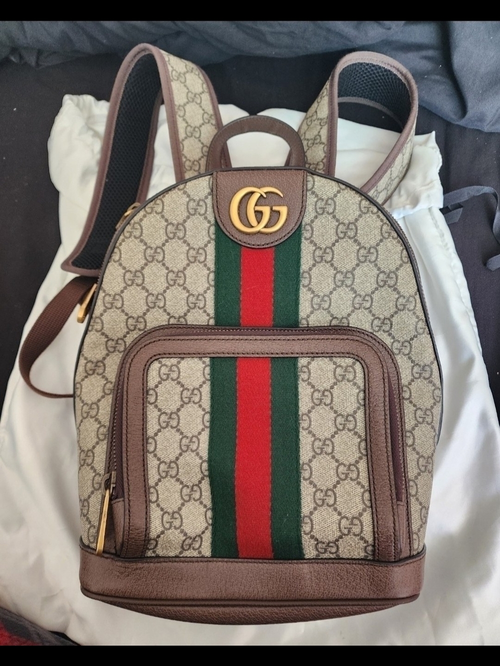 Gucci Beige Monogram Mini Backpack with Green and Red Web